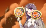  1girl bangs blurry blurry_background blush breasts brown_jacket brown_sky cleavage collarbone collared_shirt commentary_request depth_of_field dress_shirt eyebrows_visible_through_hair gundou_mirei heart heart-shaped_pupils holding jacket long_hair long_sleeves looking_away medium_breasts nijisanji parted_bangs purple_hair red_eyes shirihime shirt sky smoke solo symbol-shaped_pupils translation_request very_long_hair virtual_youtuber white_shirt 