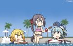  1other 3girls akebono_(kantai_collection) animal animal_on_head beach_umbrella bell bikini black_ribbon blonde_hair blue_hair blue_sky blue_swimsuit commentary_request dated day dixie_cup_hat double_bun fang flower food hair_bell hair_flower hair_ornament hamu_koutarou hat hat_ribbon highres innertube jingle_bell kantai_collection kebab kickboard little_blue_whale_(kantai_collection) long_hair low_twintails military_hat multiple_girls on_head open_mouth outdoors palm_tree pink_bikini poolside purple_eyes purple_hair ribbon samuel_b._roberts_(kantai_collection) satsuki_(kantai_collection) school_swimsuit short_hair side_ponytail skin_fang sky sunglasses swimsuit tree twintails umbrella very_long_hair whale white_headwear x_navel yellow_eyes 
