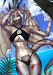  anthro bikini breasts canid canine clothed clothing dragon female hi_res horn hybrid looking_at_viewer mammal navel outside solo swimwear thigh_gap wide_hips wings winterblack 