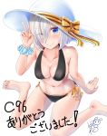 1girl absurdres aqua_scrunchie ayakase_hotaru barefoot bikini black_bikini blue_eyes commentary_request cover cover_page doujin_cover eyes_visible_through_hair full_body hair_ornament hair_over_one_eye hairclip hamakaze_(kantai_collection) hat highres kantai_collection looking_at_viewer one_eye_closed scrunchie short_hair signature silver_hair simple_background sitting smile solo sun_hat swimsuit translation_request wariza white_background white_headwear wrist_scrunchie 