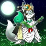  1:1 2014 abstract_background ambiguous_gender anthro canid canine clothed clothing concon-collector eyewear fox fur glasses green_hair hair mammal moon no3512 official_art robe scroll solo 