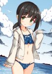  1girl :o absurdres animal bangs bikini bikini_under_clothes bird black_hair blue_bikini blue_sky blush breasts cleavage cloud collarbone commentary_request day drawstring dutch_angle eyebrows_visible_through_hair fubuki_(kantai_collection) green_eyes grey_jacket groin halter_top halterneck highres hood hood_down hooded_jacket horizon ichi jacket kantai_collection long_sleeves looking_at_viewer low_ponytail navel ocean open_clothes open_jacket outdoors parted_lips pinching_sleeves polka_dot polka_dot_bikini ponytail sidelocks sky sleeves_past_wrists small_breasts solo standing swimsuit water 