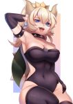 1girl absurdres arm_up bangs bare_shoulders black_gloves black_legwear black_leotard blonde_hair blue_eyes bowsette bracelet breasts cleavage collar commentary covered_navel cowboy_shot earrings elbow_gloves english_commentary eyebrows_visible_through_hair fangs gloves hand_behind_head highres horns jewelry large_breasts leotard looking_at_viewer mario_(series) monster_girl new_super_mario_bros._u_deluxe open_mouth pointy_ears ponytail rayrie solo spiked_bracelet spiked_collar spikes super_crown thighhighs thighs tongue tongue_out turtle_shell 