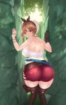  1girl :o ass atelier_(series) atelier_ryza bare_shoulders belt blush brown_eyes brown_gloves brown_hair cait day from_behind gloves hair_ornament hairclip hat highres looking_at_viewer looking_back open_mouth outdoors red_shorts reisalin_stout short_hair short_shorts shorts single_glove solo thigh_strap thighhighs thighs white_headwear 
