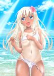  1girl alternate_costume ass_visible_through_thighs bangs bare_shoulders beach bikini blonde_hair blue_eyes blue_sky blush breasts cloud collarbone commentary_request day eyebrows_visible_through_hair flower hair_between_eyes hair_flower hair_ornament highres kantai_collection long_hair looking_at_viewer navel nendoroya ocean one-piece_tan open_mouth outdoors ro-500_(kantai_collection) side-tie_bikini sky small_breasts smile solo standing string_bikini swimsuit tan tanline water 