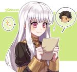  1boy 1girl 2900cm black_hair brown_hair cyril_(fire_emblem) fire_emblem fire_emblem:_three_houses holding holding_letter long_hair lysithea_von_ordelia purple_eyes reading red_eyes short_hair smile tan uniform white_hair 