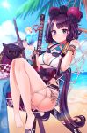  1girl ass bare_legs bare_shoulders barefoot beach bead_bracelet beads bikini blue_eyes blue_sky blush bracelet breasts cherry cleavage closed_mouth cloud cup day drinking_straw fate/grand_order fate_(series) floral_print food fruit glint goggles goggles_around_neck hair_ornament hammock hands_up highres holding holding_cup horizon hurricane_glass jewelry katana katsushika_hokusai_(fate/grand_order) katsushika_hokusai_(swimsuit_saber)_(fate) knees_up lemon lemon_slice lens_flare long_hair looking_at_viewer low_twintails medium_breasts ocean octopus outdoors purple_hair reel37891 sky smile solo sun sunlight sweat swimsuit sword tokitarou_(fate/grand_order) tropical_drink twintails very_long_hair water weapon wet white_bikini 