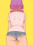  1girl arms_at_sides ass cowboy_shot denim denim_shorts deyuuku from_behind hair_ornament hair_scrunchie long_hair love_live! love_live!_school_idol_project low_twintails pink_scrunchie purple_hair scrunchie shirt short_shorts short_sleeves shorts simple_background solo t-shirt toujou_nozomi twintails white_shirt yellow_background 