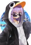  1girl :o animal_hood bangs black_jacket blue_choker blue_eyes blurry blurry_background choker collarbone commentary_request depth_of_field eyebrows_visible_through_hair fate/grand_order fate_(series) hair_between_eyes hand_up highres hikashou hood hood_up hooded_jacket jacket long_hair long_sleeves looking_at_viewer meltryllis meltryllis_(swimsuit_lancer)_(fate) parted_lips penguin_hood purple_hair sleeves_past_fingers sleeves_past_wrists solo_focus sunglasses water 