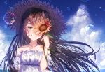  black_hair bubbles clouds dress flowers green_eyes hat kiwikong long_hair original summer summer_dress sunflower 