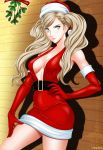  1girl artist_name bangs belt belt_buckle black_belt blonde_hair breasts buckle christmas cleavage collarbone dress earrings elbow_gloves english_commentary gloves green_eyes hair_ornament hairclip hand_on_hip hand_on_thigh hat highres jewelry long_hair looking_at_viewer medium_breasts mistletoe persona persona_5 red_dress red_gloves santa_costume santa_hat shiny shiny_clothes shiny_hair sleeveless solo standing swept_bangs takamaki_anne tenzen_(netspike) twintails underboob wooden_wall 