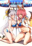  2girls animal_ears asymmetrical_docking bangs bare_arms bare_legs barefoot beach_umbrella bikini blue_bikini bow breast_press breasts cleavage closed_mouth fate/grand_order fate_(series) fox_ears fox_shadow_puppet fox_tail frilled_bikini frills hair_bow haoni horns jewelry kiyohime_(fate/grand_order) kiyohime_(swimsuit_lancer)_(fate) kneeling large_breasts long_hair looking_at_viewer multiple_girls navel necklace one_eye_closed open_mouth pink_hair ponytail red_eyes sandals side-tie_bikini silver_hair simple_background stomach swimsuit tail tamamo_(fate)_(all) tamamo_no_mae_(fate) tamamo_no_mae_(swimsuit_lancer)_(fate) towel umbrella very_long_hair white_background yellow_bow yellow_eyes 