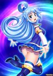  1girl aqua_(konosuba) artist_name asymmetrical_bangs bangs blue_eyes blue_footwear blue_hair blue_legwear blue_shirt blue_skirt blurry blurry_background blush boots breasts covered_nipples detached_sleeves english_commentary eyebrows_visible_through_hair from_behind from_side gold_trim hair_ornament hair_rings high_heels highres kono_subarashii_sekai_ni_shukufuku_wo! leg_up long_hair looking_at_viewer looking_back medium_breasts no_panties open_mouth outline outstretched_arms shiny shiny_clothes shiny_hair shiny_skin shirt skirt solo tenzen_(netspike) thigh_boots thighhighs very_long_hair white_outline 
