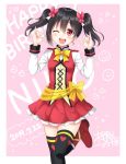 1girl ;d \m/ black_hair black_legwear blush boots bow bowtie butterfly_hair_ornament character_name commentary_request cross-laced_clothes dated double_\m/ earrings hair_ornament happy_birthday heart heart_print highres jewelry long_sleeves looking_at_viewer love_live! love_live!_school_idol_project one_eye_closed open_mouth pink_background red_eyes red_footwear red_skirt sakurai_makoto_(custom_size) signature skirt smile smiley_face solo sparkle standing standing_on_one_leg sunny_day_song thighhighs twintails yazawa_nico yellow_neckwear 