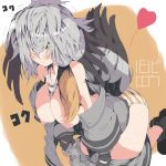  1girl bangs bare_shoulders between_breasts bird_tail bird_wings black_gloves blush bonkareohagi breasts bright_pupils closed_mouth eyebrows_visible_through_hair fingerless_gloves gloves grey_hair grey_neckwear grey_shirt grey_shorts hair_between_eyes head_wings heart highres kemono_friends large_breasts leaning_forward long_hair looking_at_viewer low_ponytail messy_hair multicolored_hair necktie necktie_between_breasts nipples no_bra open_clothes open_fly open_shirt open_shorts orange_eyes orange_hair panties shirt shoebill_(kemono_friends) shoes shorts shorts_pull side_ponytail solo striped striped_panties tail unbuttoned underwear undressing white_pupils wide_sleeves wings 