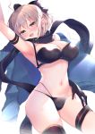  1girl :d ahoge arm_up armband armpits ayuma_sayu bare_shoulders bikini black_bikini black_bow black_gloves black_legwear black_scarf bow breasts brown_eyes brown_hair cleavage cowboy_shot fate/grand_order fate_(series) gloves hair_bow haori highleg highleg_bikini japanese_clothes large_breasts looking_at_viewer navel okita_souji_(fate)_(all) okita_souji_(swimsuit_assassin)_(fate) open_mouth scarf short_hair sidelocks simple_background single_glove single_thighhigh smile solo swimsuit thigh_strap thighhighs white_background 