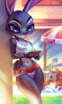  anthro belt breasts canid canine chair cleavage clothed clothing disney duo female fox holivi judy_hopps lagomorph leporid mammal navel nick_wilde outside phone pool_(disambiguation) rabbit smile thin_waist tight_clothing wide_hips window zootopia 