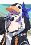 &gt;:( 1girl animal_costume bangs bare_shoulders beach bikini bikini_under_clothes black_bikini blue-tinted_eyewear blue_choker blue_eyes blush breasts choker cleavage closed_mouth collarbone commentary_request day eyebrows_visible_through_hair eyewear_removed fate/grand_order fate_(series) hair_between_eyes holding holding_eyewear long_hair long_sleeves medium_breasts meltryllis meltryllis_(swimsuit_lancer)_(fate) ocean outdoors outside_border penguin_costume purple_hair sleeves_past_fingers sleeves_past_wrists solo sunglasses swimsuit upper_body v-shaped_eyebrows water yahako 