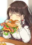  1girl bacon blush brown_hair closed_eyes earrings eating food french_fries gin_(oyoyo) hamburger holding holding_food jewelry lettuce long_hair long_sleeves original overalls plaid plate shirt sidelocks solo table tomato twitter_username white_shirt 
