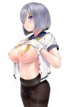  1girl bangs black_legwear black_panties blue_eyes blush breasts breasts_outside closed_mouth gloves hair_ornament hair_over_one_eye hairclip hamakaze_(kantai_collection) hands_on_own_chest kantai_collection large_breasts looking_at_viewer navel neckerchief nipples open_clothes open_shirt panties panties_under_pantyhose pantyhose sailor_collar school_uniform serafuku shirt short_hair short_sleeves silver_hair simple_background solo thighband_pantyhose thighs underwear wa_(genryusui) white_background white_gloves white_shirt yellow_neckwear 
