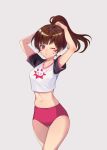  +_+ 1girl ;o absurdres arms_up breasts brown_hair buruma collarbone cowboy_shot crop_top d.va_(overwatch) facial_mark grey_background highres long_hair looking_at_viewer maoshinian1 medium_breasts midriff navel one_eye_closed open_mouth overwatch pink_buruma pink_eyes ponytail raglan_sleeves shirt short_sleeves sidelocks simple_background solo thigh_gap thighs tying_hair white_shirt 