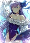  1girl absurdres animal bangs bare_shoulders bird blue_eyes blue_ribbon blue_swimsuit breasts choker collarbone commentary_request eyebrows_visible_through_hair fate/grand_order fate_(series) frills gu_li hair_ornament hair_ribbon highres long_hair looking_at_viewer medium_breasts meltryllis meltryllis_(swimsuit_lancer)_(fate) navel penguin purple_hair ribbon sleeves_past_wrists solo swimsuit tongue tongue_out 