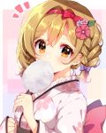  1girl alternate_hairstyle blush bow braid brown_eyes brown_hair clenched_hand commentary_request cotton_candy djeeta_(granblue_fantasy) eating floral_print flower food frilled_kimono frills granblue_fantasy hair_bow hair_flower hair_ornament hair_ribbon hairband holding holding_food japanese_clothes kimono looking_at_viewer nameneko_(124) notice_lines obi pink_flower purple_bow red_ribbon ribbon sash solo upper_body white_flower 