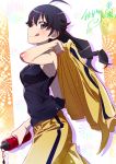  1girl :q ahoge araragi_karen armpits black_eyes black_hair black_shirt breasts closed_mouth cowboy_shot from_side hair_between_eyes highres holding holding_jacket jacket jacket_removed long_hair medium_breasts monogatari_(series) nisemonogatari pants pink_x ponytail ribbon shadow shiny shiny_hair shirt sideboob sleeveless sleeveless_shirt solo standing tongue tongue_out yellow_jacket yellow_pants yellow_ribbon 