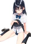  black_hair blue_eyes closed_mouth glasses hair_between_eyes kneehighs koruri lifted_by_self light_smile loafers long_hair looking_at_viewer one-piece_swimsuit original school_uniform see-through shoes signature skirt skirt_lift swimsuit swimsuit_under_clothes wet wet_clothes wet_hair 