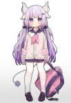  1girl azur_lane backpack bag blush commentary_request cosplay full_body hair_ornament hair_scrunchie horns kanna_kamui kobayashi-san_chi_no_maidragon long_hair looking_at_viewer low_twintails neckerchief pantyhose pigeon-toed pleated_skirt purple_eyes purple_hair sailor_collar scrunchie simple_background skirt solo standing tail tsuka twintails unicorn_(amusement_park_date)_(azur_lane) unicorn_(azur_lane) unicorn_(azur_lane)_(cosplay) very_long_hair white_background white_legwear x_hair_ornament 