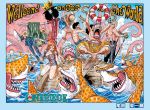  1girl 4boys arms_up black_pants blue_shorts bracelet breasts brook cleavage copyright_name crown crying day green_hair grey_shirt grin innertube jewelry katana kneeling long_hair medium_breasts monkey_d_luffy multiple_boys nami_(one_piece) oda_eiichirou official_art one_piece open_mouth orange_hair outdoors outstretched_arms outstretched_leg pants roronoa_zoro shark shiny shiny_hair shirt short_sleeves shorts smile sword tongue tongue_out tony_tony_chopper usopp weapon wet wet_clothes wet_shirt yellow_pants 