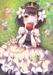  1girl 6+boys :o ahoge bangs black_hair blush bow brown_eyes chain day dress earrings eyepatch flower food frilled_dress frills fruit gloves grass hair_flower hair_ornament hat holding holding_food holding_fruit jewelry lens_flare lolita_fashion looking_at_viewer lying miniboy multiple_boys niwasane_(saneatsu03) off-shoulder_dress off_shoulder on_back on_grass on_ground outdoors short_hair short_sleeves snow_white snow_white_(grimm) tiara twitter_username white_bow white_flower white_gloves |_| 