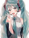  1girl 39 :d arm_at_side artist_name bangs bare_shoulders blue_eyes blue_hair blue_nails blush breast_pocket breasts detached_sleeves eyebrows_visible_through_hair fingernails hair_between_eyes hanako151 hand_up happy hatsune_miku headset light_particles long_hair looking_at_viewer number number_pun open_mouth pocket pun shirt simple_background sleeveless sleeveless_shirt small_breasts smile solo sparkle teeth twintails upper_body upper_teeth very_long_hair vocaloid w white_background white_shirt 