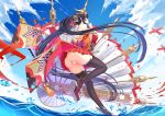  1girl ahoge ass azur_lane bangs bare_shoulders bizure: black_hair black_legwear blue_sky blush breasts cloud flight_deck floating_hair full_body geta hair_between_eyes hakama_skirt huge_breasts japanese_clothes kimono large_breasts long_hair looking_at_viewer off-shoulder_kimono open_mouth red_eyes red_kimono rigging rudder_footwear sky smile solo splashing standing standing_on_liquid taihou_(azur_lane) thighhighs twintails very_long_hair wind 