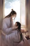  2boys artist_name black_hair closed_eyes day hand_on_another&#039;s_cheek hand_on_another&#039;s_face headband indoors long_hair looking_at_another male_focus mo_dao_zu_shi multiple_boys robe smile table very_long_hair wangji_lan watermark white_headband white_robe wide_sleeves window wuxian_wei yaoi yun-afezeria 