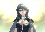  1girl akke blue_eyes byleth_(fire_emblem) byleth_(fire_emblem)_(female) cape fire_emblem fire_emblem:_three_houses green_eyes jewelry long_hair looking_at_viewer necklace signature smile solo uniform upper_body 