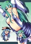  =_= areolae armpits arms_up blue_hair blush breasts chibi detached_sleeves female_pervert green_hair hat hinanawi_tenshi imagining kochiya_sanae long_hair medium_breasts multiple_girls niku_soukyuu no_bra non-web_source open_clothes open_shirt pervert shirt touhou yuri 