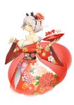  1girl 2019 ahoge artist_name bare_shoulders blue_eyes blush bob_cut breasts cleavage collarbone commentary_request dated elphelt_valentine floral_print flower guilty_gear guilty_gear_xrd hair_flower hair_ornament hand_up highres holding japanese_clothes kimono kimono_pull looking_at_viewer medium_breasts no_bra off_shoulder print_kimono red_flower red_kimono sash short_hair simple_background smile solo tiara white_hair zaki_(narashigeo) 