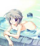 bath ezomori_nozomu flat_chest kanokon nude onsen purple_eyes safi short_hair solo 