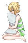  1girl akatsuki_kirika bare_legs bare_shoulders barefoot blonde_hair blush eyebrows_visible_through_hair from_side green_eyes hair_ornament looking_at_viewer pillow pillow_hug senki_zesshou_symphogear shiny shiny_hair shiny_skin short_hair simple_background sitting solo striped tsukamoto_kensuke white_background x_hair_ornament 