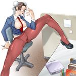  arikawa blush breasts brown_hair capcom chun-li desk double_bun double_buns glasses necktie nipples no_panties no_pants no_skirt open_clothes open_shirt pantyhose pubic_hair shirt sitting smile spread_legs street_fighter uncensored 