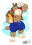  anthro body_hair canid canine canis chest_hair clothed clothing eyewear flexing frisbee glasses hi_res huge_bulge looking_at_viewer male mammal muscular muscular_male open_shirt pecs pubes smile solo standing vallhund wolf 