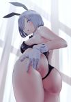  1girl ass bangs bare_shoulders blue_eyes blush breasts hair_ornament hair_over_one_eye hairclip hamakaze_(kantai_collection) kantai_collection large_breasts looking_at_viewer looking_back open_mouth short_hair silver_hair solo thighs wa_(genryusui) 