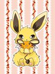  2016 ambiguous_gender big_ears chibi dedenne duo eeveelution feral front_view jolteon long_tail looking_at_viewer nintendo pattern_background pok&eacute;mon pok&eacute;mon_(species) simple_background size_difference smile video_games きなこ 