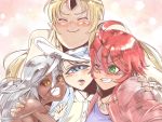  4girls ;) bare_shoulders black_sclera blonde_hair blue_eyes blush closed_eyes cyclops dark_skin doppel_(monster_musume) doppelganger face green_eyes hands_on_another&#039;s_shoulders hat highres horn hug imaani jacket jewelry long_hair manako monster_girl monster_musume_no_iru_nichijou multiple_girls necklace nude ogre one-eyed one_eye_closed open_mouth patchwork_skin pointy_ears red_hair silver_hair simple_background smile stitches teeth tionishia undead yellow_eyes zombie zombina 