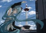  1girl 73suke absurdres aqua_eyes aqua_hair aqua_neckwear arm_up bare_shoulders black_skirt blue_sky blush building cloud cloudy_sky commentary day detached_sleeves doyagao forced_perspective grey_shirt hair_ornament hatsune_miku highres holding kyoto kyoto_tower long_hair looking_at_viewer necktie outdoors pose shirt skirt sky sleeveless sleeveless_shirt smile smug solo twintails upper_body v-shaped_eyebrows very_long_hair vocaloid 