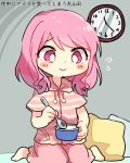  1girl bang_dream! barefoot bd_ayknn blush clock flying_sweatdrops highres ice_cream_cup maruyama_aya pajamas pants pillow pink_eyes pink_hair pink_pants pink_shirt pom_pom_(clothes) shirt short_sleeves sitting smile solo spoon striped striped_shirt translated 