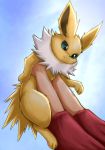  2019 ambiguous_gender clothing duo eeveelution feral fur green_sclera hi_res human jolteon lifting looking_down mammal mane nintendo otakuap pok&eacute;mon pok&eacute;mon_(species) shirt simple_background solo_focus topwear video_games white_mane yellow_fur 