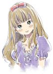  1girl anrietta_rochefort arc_s0222 arc_the_lad arc_the_lad_iii blush brown_hair commentary_request dress hair_ribbon long_hair looking_at_viewer ribbon simple_background smile solo white_background 