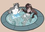  anthro beverage bikini canid canine clothed clothing duo female hyaenid male mammal open_mouth rokemi smile spa spotted_hyena swimming_trunks swimwear 